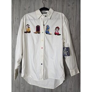 At Last Vintage Shirt Womens L Cowboy Boot Embroidered Western Deadstock White
